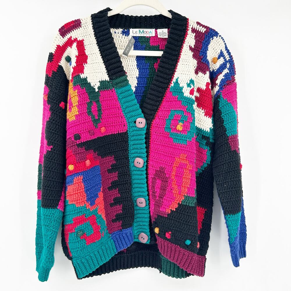 Le Moda Knitwear Womens VTG 90s Artsy Colorful Hand Knit Cardigan‎ Sweater M